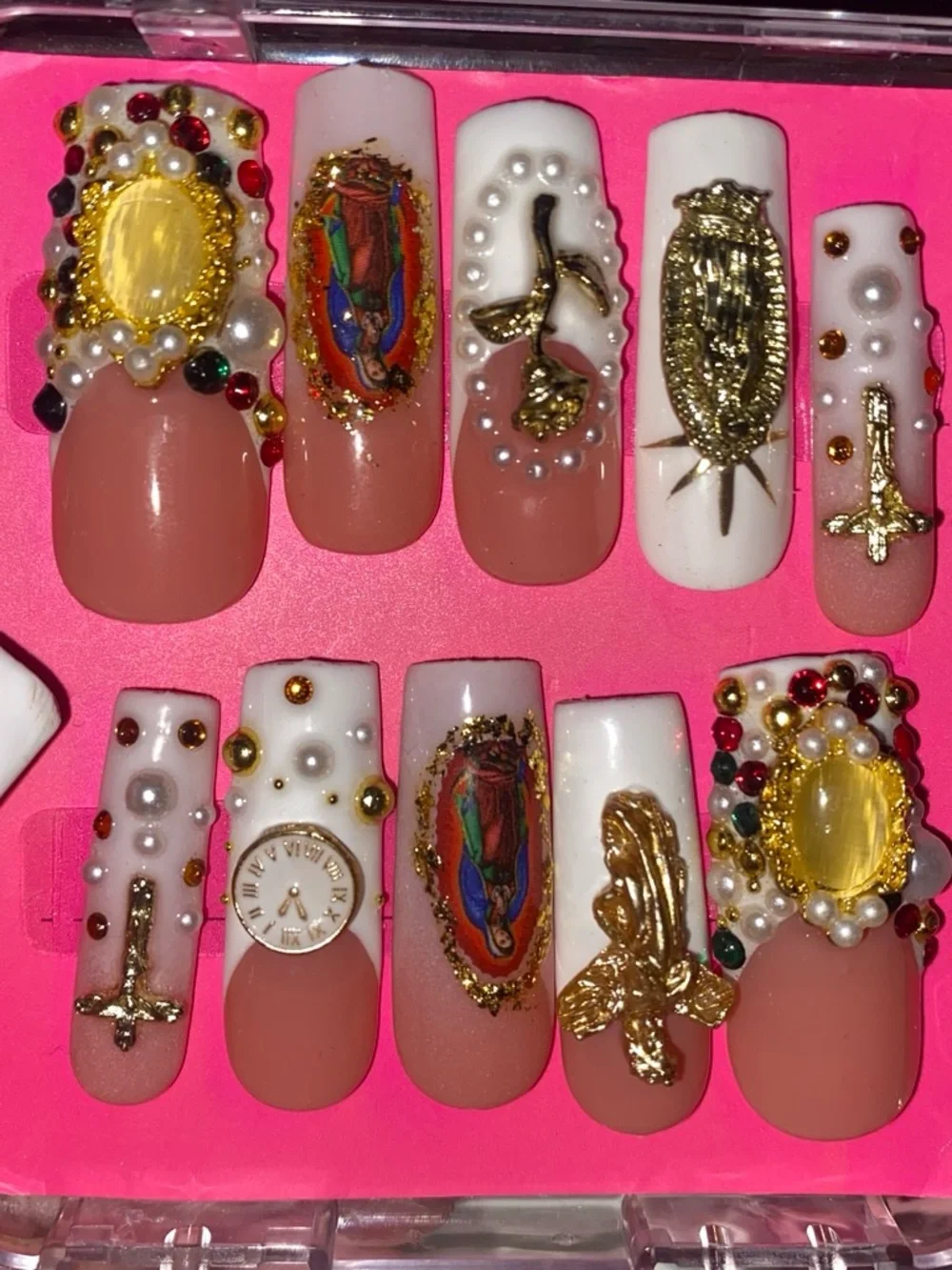 Size medium Luxury Gold Embellished White & Nude Press-On Nail Set